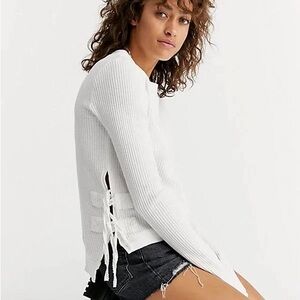 Free People FP One Interlaken Side Tie White Waffle Thermal Knit Top Size Small
